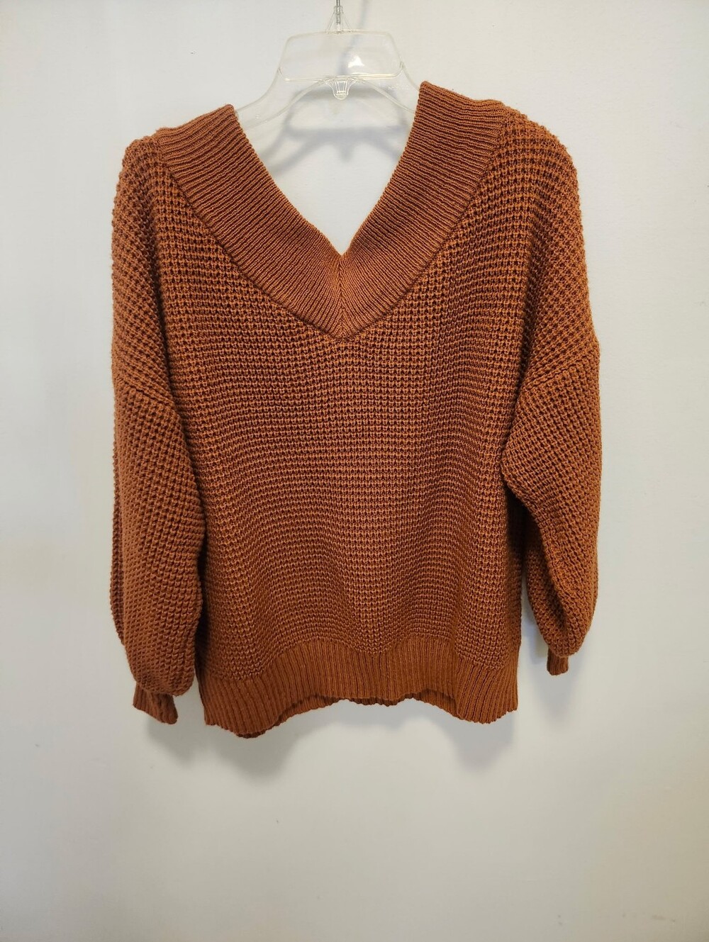 Zenana Outfitters Off-Shoulder V-Neck Chunky Knit Sweater - Rust - Picture 2 of 5